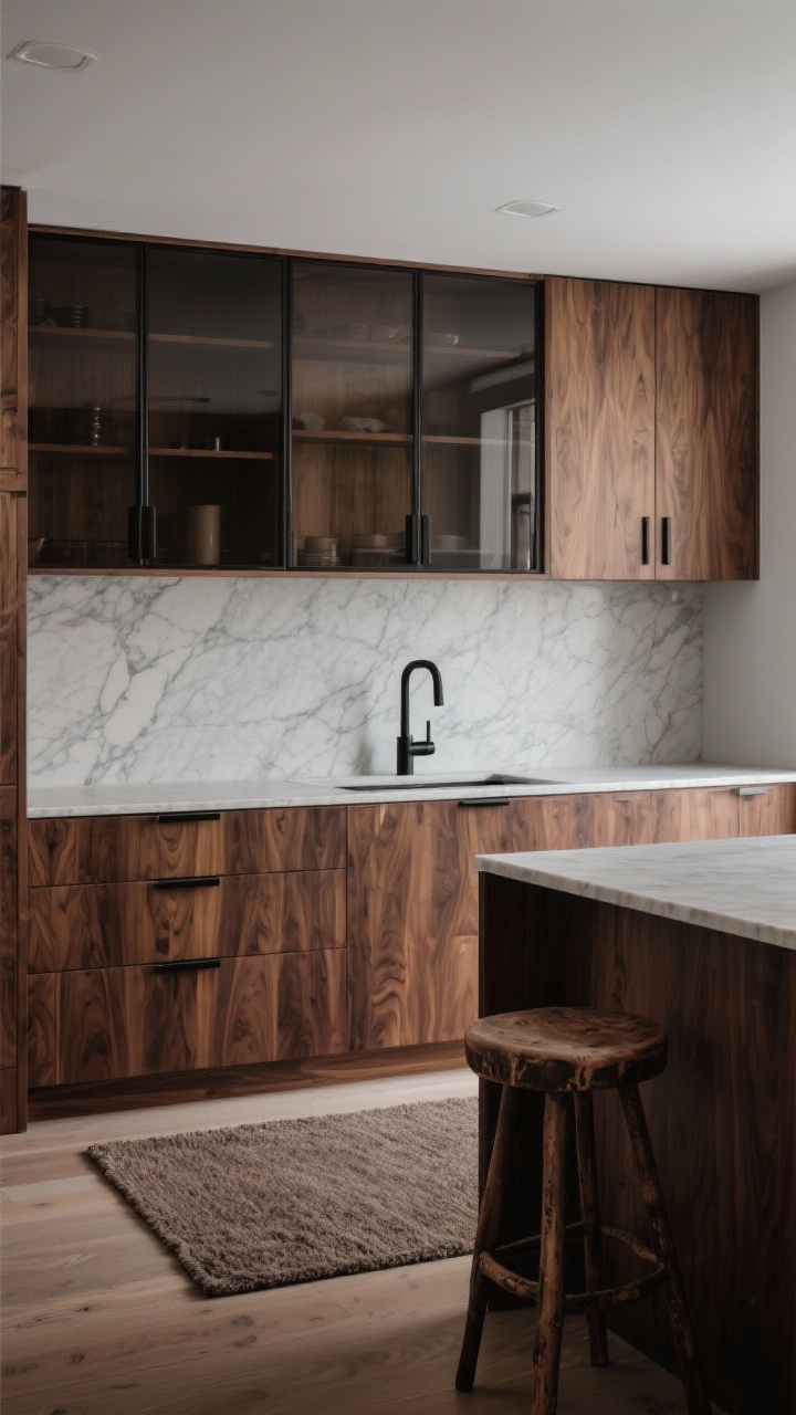 Medium, moody-warm composition: warm walnut veneer cabinets with visible grain, light gray marble-look quartz countertop and matching slab backsplash, matte black faucet and slim black pulls, smoked glass upper doors introducing depth; earthy taupe wool runner along the floor and a vintage wooden stool tucked near the island; rich yet restrained Scandinavian elegance.