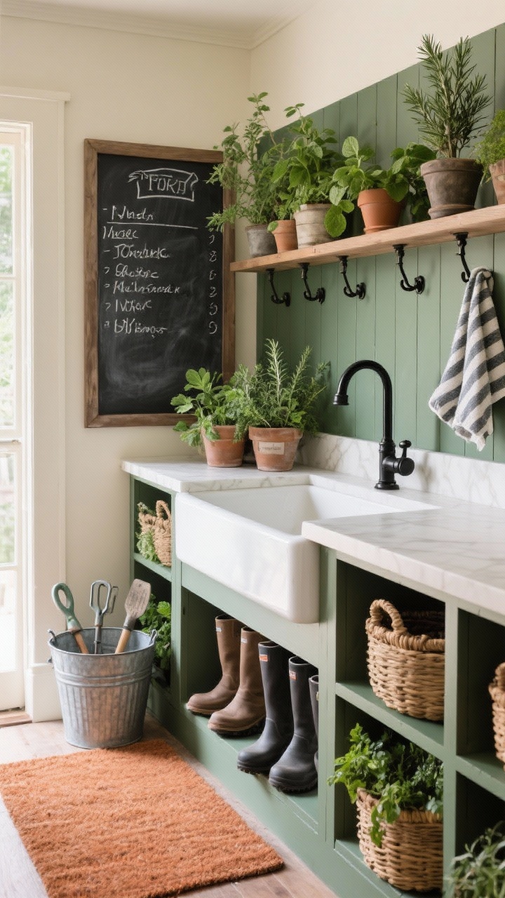 Medium mudroom: Herb-filled mudroom with built-in cubbies for boots and baskets; a chalkboard-painted panel featuring handwritten lists; deep farm sink beneath a narrow shelf lined with potted herbs—rosemary, thyme, mint; black iron hooks and latch pulls; terracotta floor mat; striped towels; galvanized bucket with gardening tools; color story of deep green, charcoal, and oatmeal; soft natural light, photorealistic.