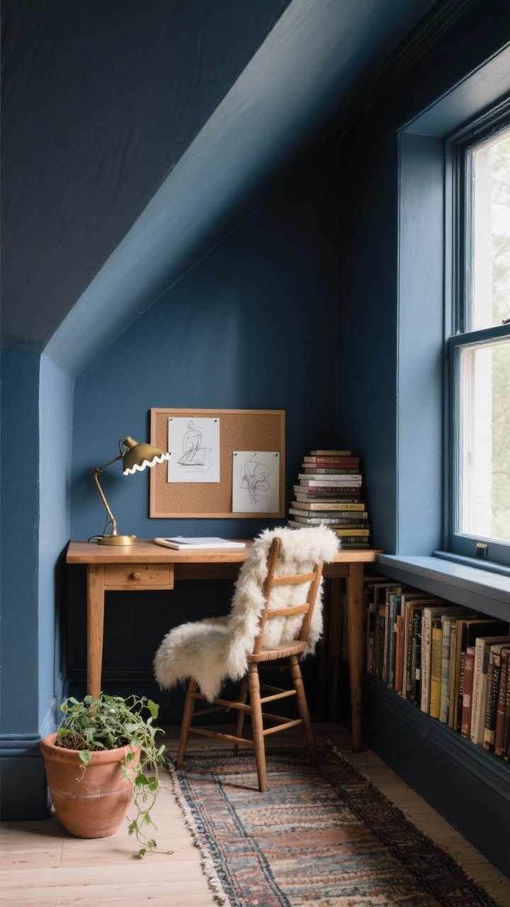 Medium nook scene: Writer’s nook under sloped ceilings painted moody ink blue; small pine-topped desk with a ladder-back chair draped in a sheepskin; scalloped-edge lamp or brass clip lamp for task light; cork board pinned with sketches; stacks of books lining the low wall like a mini library; narrow vintage wool runner on the floor; clay pot with trailing ivy; quiet, contemplative, cocooned mood; soft directional window light, photorealistic.