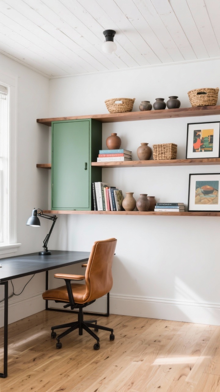 Medium office view: whitewashed planked ceiling, pale oak floors, and a blackened steel desk; built-in floating oak shelves styled with pottery, baskets, and art books; camel leather task chair; an unexpected pop of olive green inside a single cabinet; articulating wall lights over the shelves for gallery vibes; crisp, creative atmosphere with bright natural light.