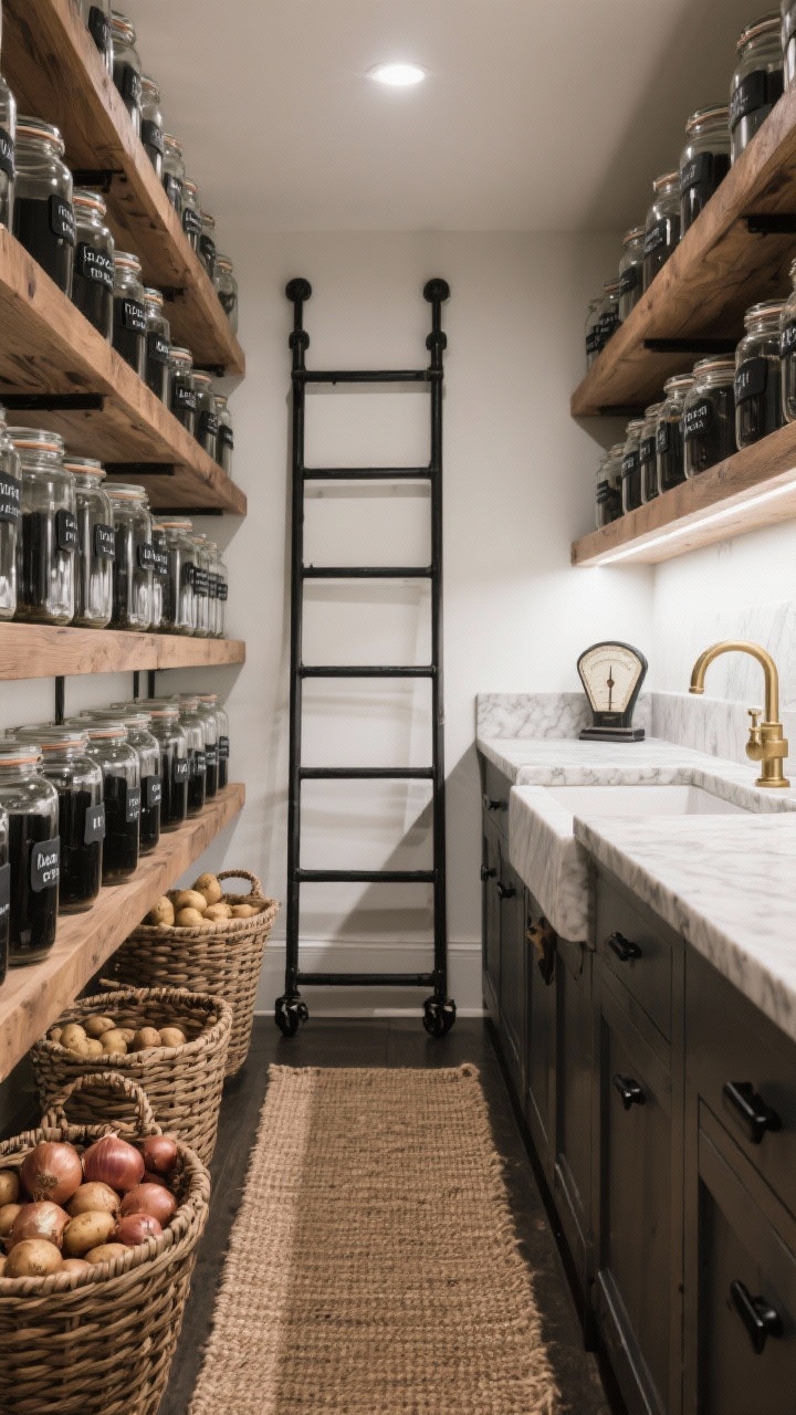 Medium pantry aisle: aged oak shelves lined with glass jars labeled in matte black for uniform calm; rolling black ladder on a rail; soapstone counters with an integrated prep sink and a small brass tap; under-cabinet lighting washing the stone; sisal runner on the floor; slim black edge pulls that nearly disappear; woven baskets for potatoes and onions, a vintage scale for charm; quiet luxury, clean and organized.