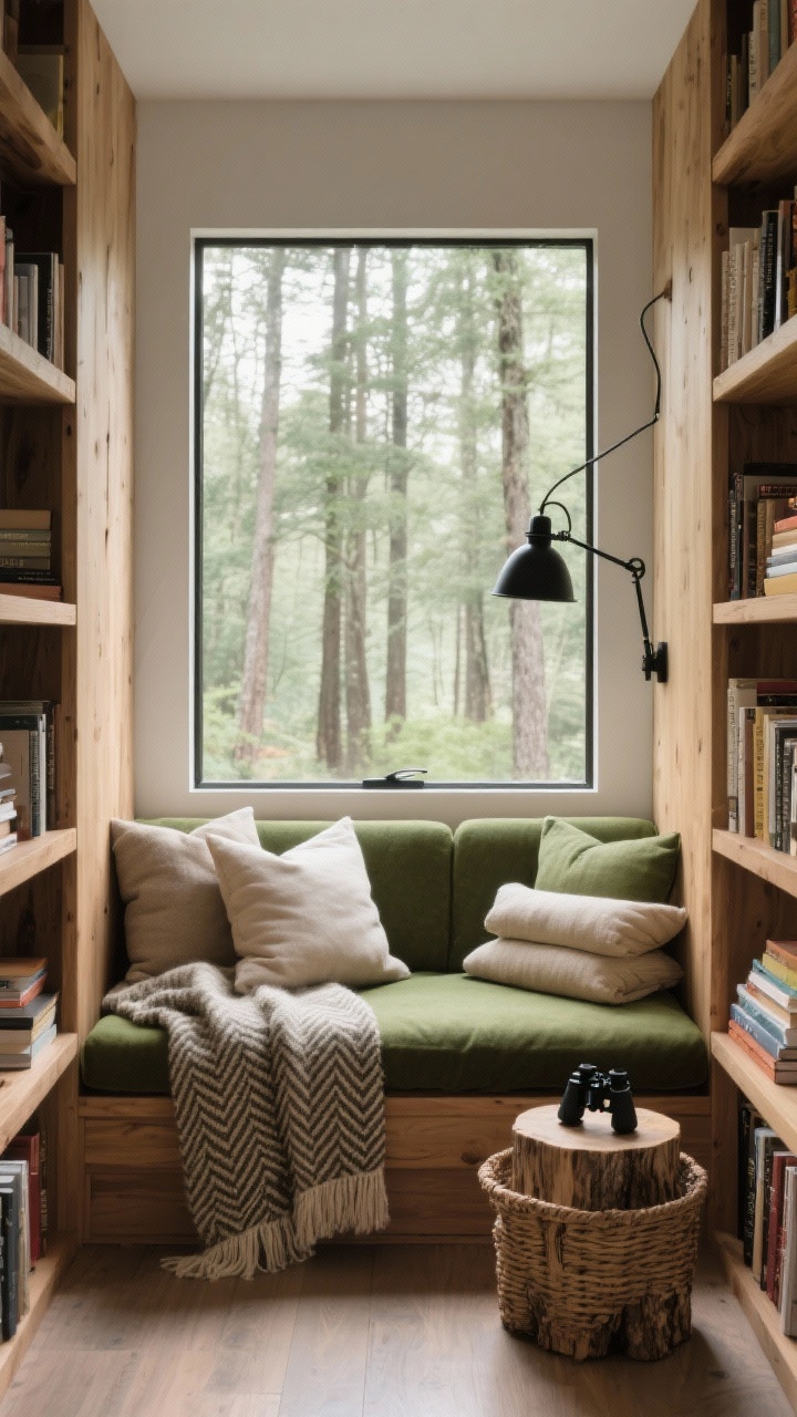 Medium reading nook framed by a forest-view window: built-in window bench with a thick moss-green cushion and stacked neutral throw pillows; flanked by floor-to-ceiling natural oak shelves filled with books; black swing-arm lamp mounted nearby; wool herringbone throw and a small stump side table; basket of books and binoculars ready; diffused natural forest light, photorealistic, no people