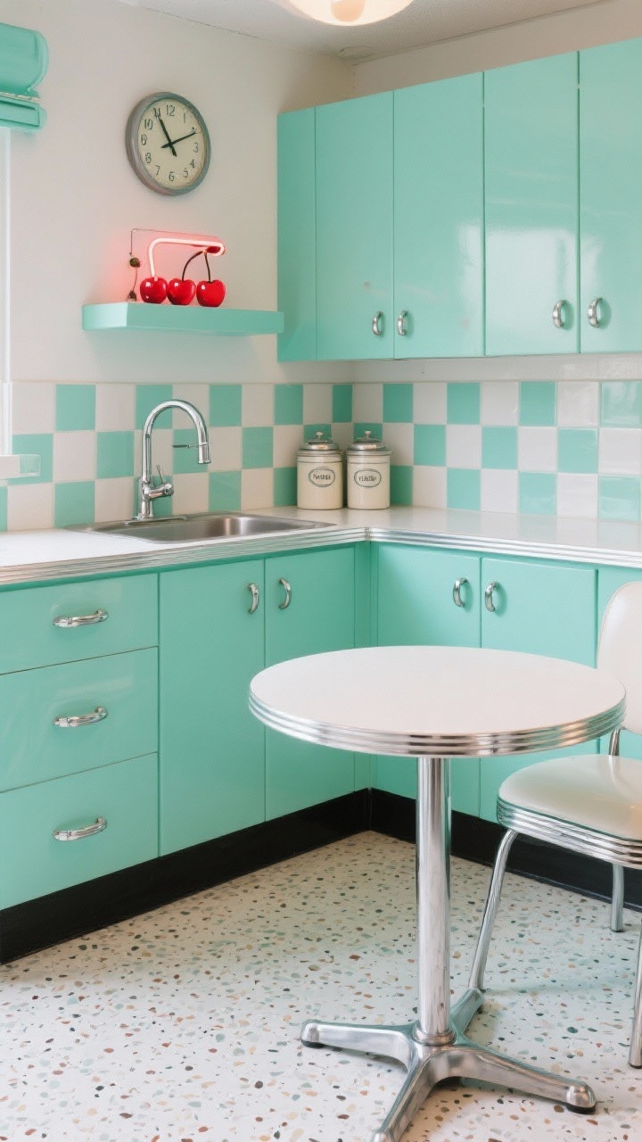Medium retro setup: Mint green cabinets with chrome cup pulls, white laminate countertop with gleaming chrome edge, and a checkerboard mini tile backsplash in mint and white. Classic chrome gooseneck faucet at the sink. Styling includes vintage-style canisters, a retro wall clock, and a small cherry-red-accent neon sign on a shelf. A round café table with chrome legs sits on speckled linoleum flooring. Bright, playful lighting, photorealistic.