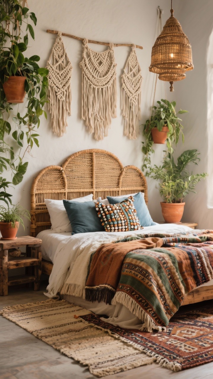 Medium, richly layered rustic boho bedroom scene: handwoven rattan headboard, mixed warm worn woods; layered Moroccan blankets at the foot of the bed; macramé wall hangings above; abundant greenery in terracotta pots; palette of cinnamon, olive, cream, and hints of indigo in pillows and throws; beaded chandelier or wicker pendant overhead; layered rugs—flatweave base with a patterned accent; soft natural daylight.