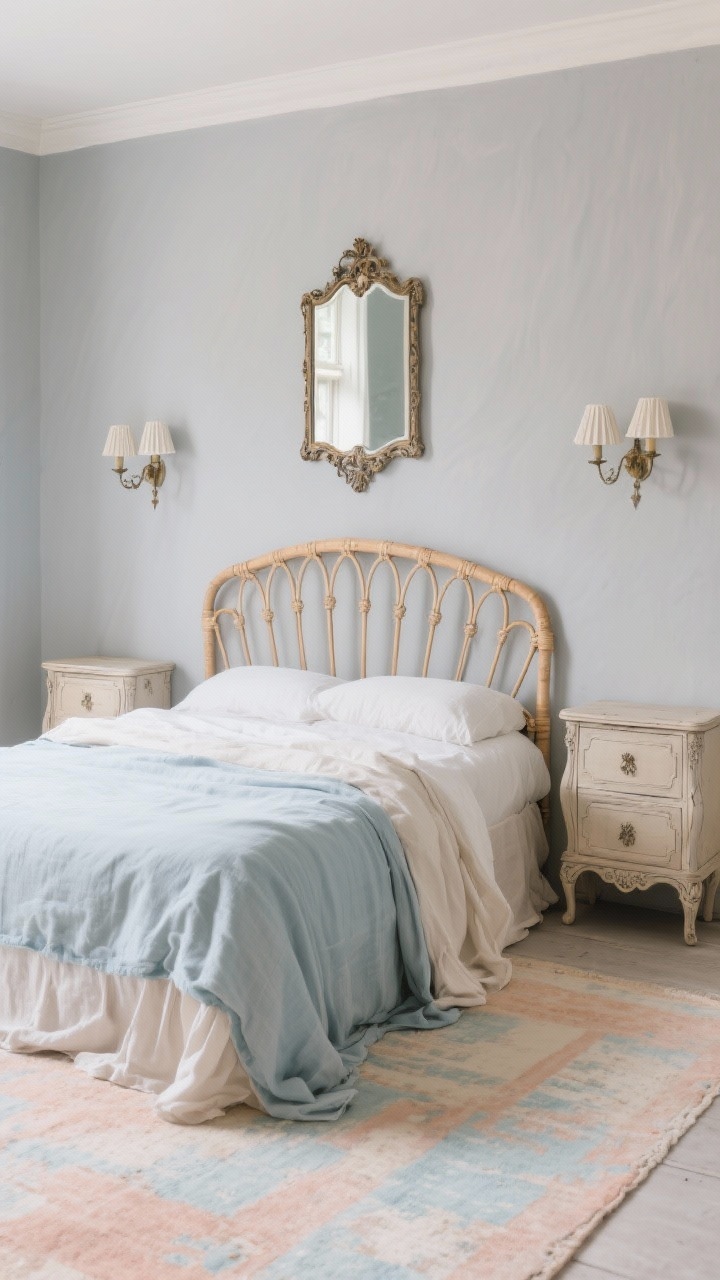 Medium romantic French farmhouse scene: curved cane headboard against light gray walls, bed draped in layered linen, carved nightstands with delicate hardware, ornate antique-style mirror above, fluted wall sconces instead of lamps, faded rug in soft peaches and powder blues; palette dove gray, flax, powder blue, soft peach; soft, flattering light; straight-on framing.