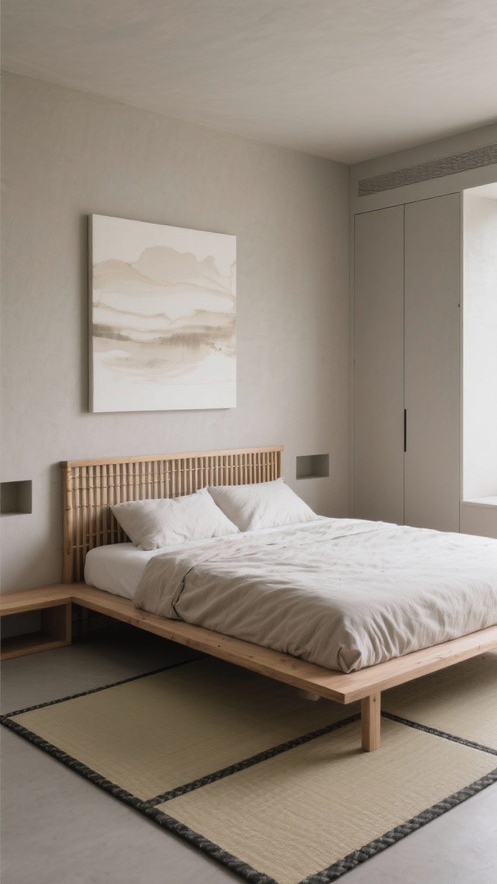 Medium, serene Japandi bedroom: greige walls, low futon-style bed with linen bedding, slatted wood headboard, bamboo shades filtering soft light; a single oversized art piece with soft brushstrokes above the bed; tatami-style rug on the floor; built-in wall niches and a flush hidden-wardrobe door keeping lines clean; palette of greige, sand, charcoal, and natural wood.