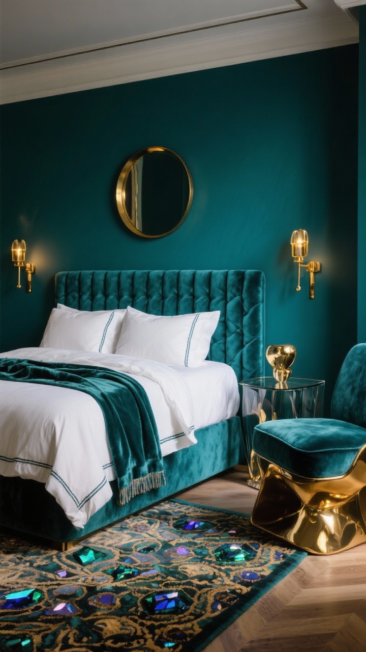 Medium shot: A glamorous jewel-box bedroom featuring a deep teal accent wall, a channel-tufted velvet headboard, crisp white sheets with a contrasting border, and a plush silk or sateen throw; polished brass sconces flanking a round mirror, a smoked glass side table, a sculptural velvet chair, and a patterned rug in gem tones; evening glow highlighting brass and velvet textures, photorealistic.