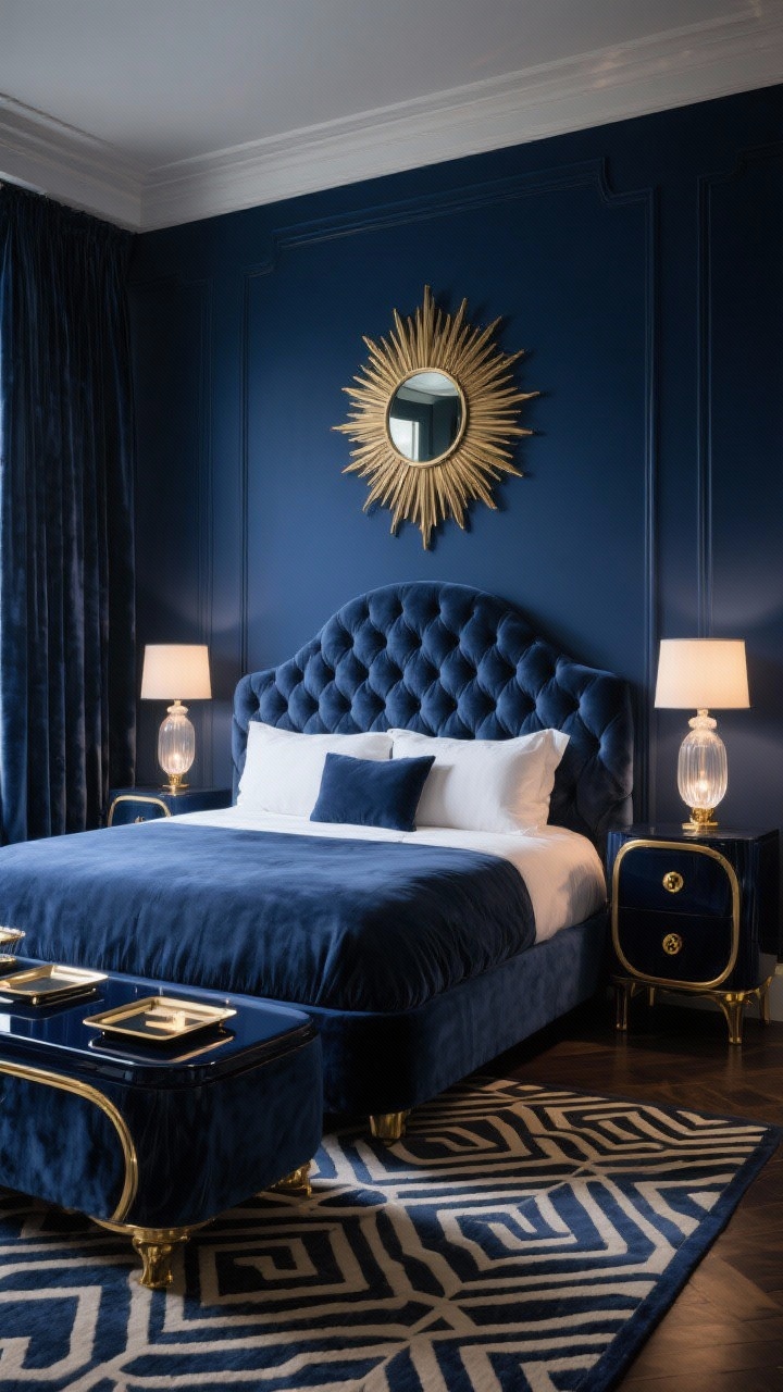 Medium shot: An Art Deco midnight glamour bedroom with midnight blue walls and a plush fan-tufted headboard; nightstands with curved corners and polished brass hardware, a round sunburst mirror, lacquer trays, a geometric Deco-patterned rug, velvet curtains, and opaline glass lamps emitting a soft evening glow; rich, dramatic atmosphere, photorealistic.