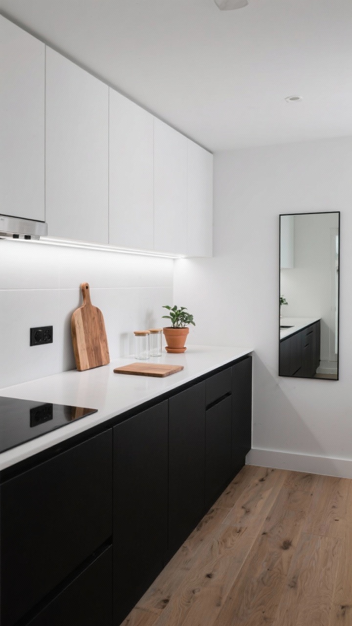 Medium shot, architectural focus: High-contrast modern monochrome kitchen with matte black lower cabinets, white uppers, razor-thin white solid-surface counter, and a continuous white backsplash forming a crisp horizontal line. Minimal black hardware. Under-cabinet LED strips wash the backsplash. Styling with a single warm wood cutting board, a terra-cotta planter with a small plant, and two elevated glass canisters. Pale oak flooring and a mirror panel at the end wall subtly reflects the galley. Bright, clean lighting, photorealistic.