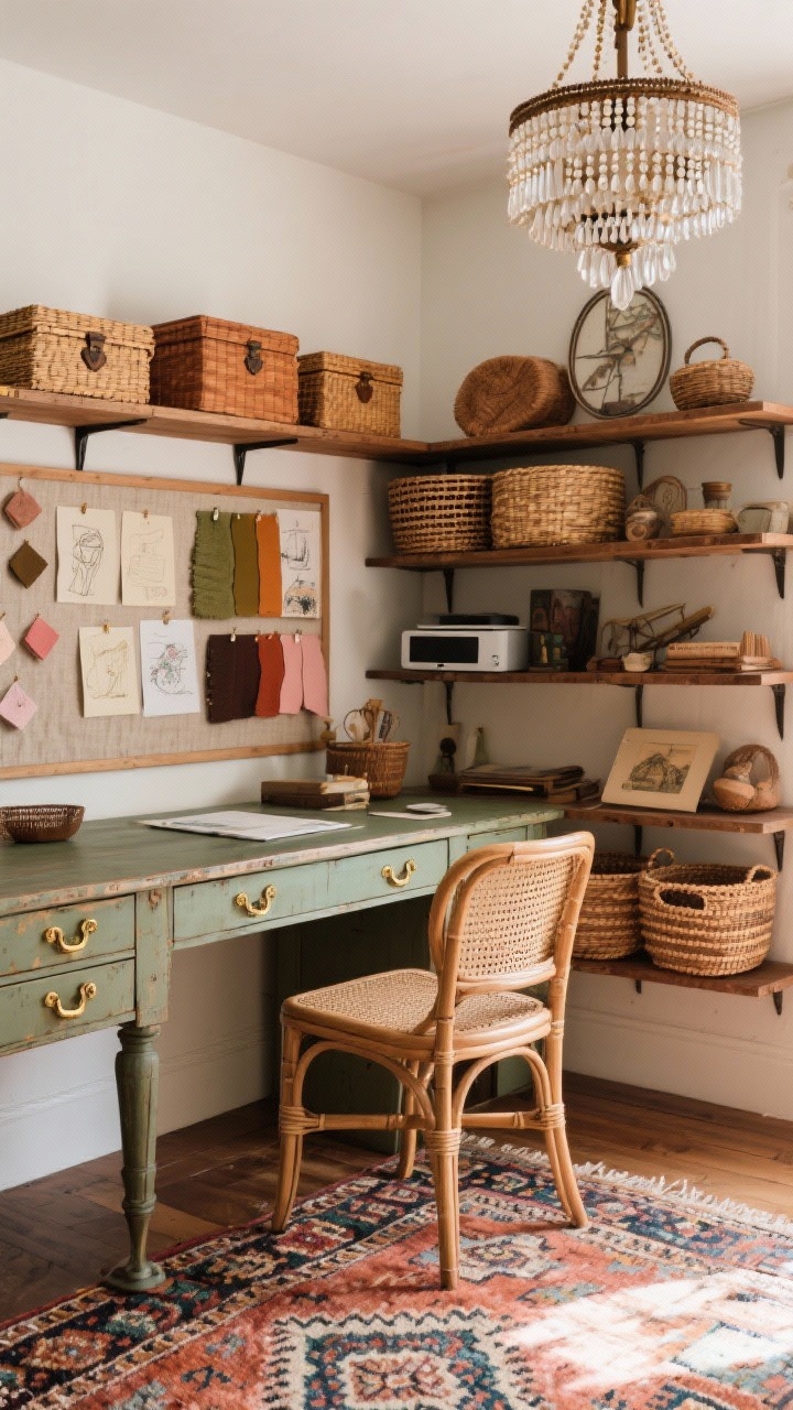 Medium shot, Bohemian Atelier Home Office: vintage desk with brass hardware, cane-back chair, kilim rug underfoot, open wood shelving lined with woven baskets and travel artifacts, linen-covered pinboard with pinned swatches and sketches, beaded chandelier overhead; color hits of burnt sienna, olive, dusty rose, tobacco; lidded rattan boxes conceal tech clutter; gentle afternoon light.