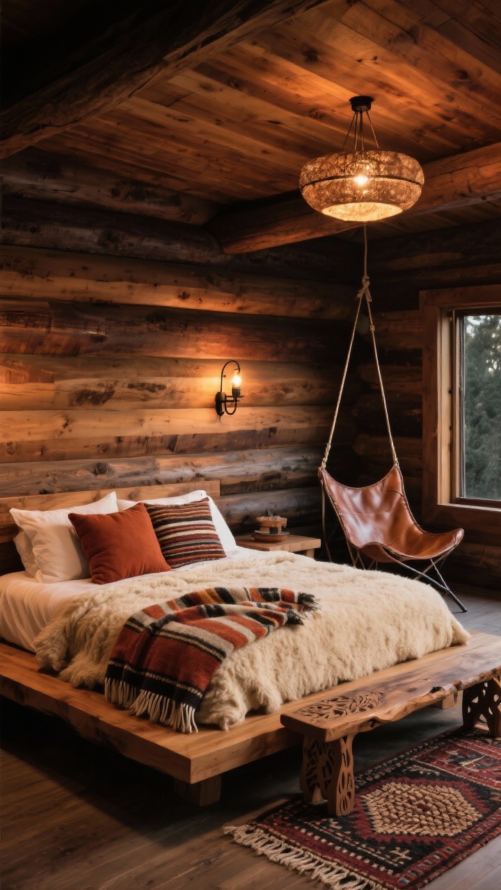 Medium shot, Boho Cabin With Earthy Woods: cedar/walnut accents and a solid wood platform bed with creamy wool bedding; rust throw pillows and a striped wool blanket; iron sconces on the wall, warm glow; leather sling chair and hand-carved wooden bench as focal; kilim runner at bedside; woven ceiling light; palette walnut, cream, rust, black; textures wool, leather, raw wood; cozy evening lighting, photorealistic.