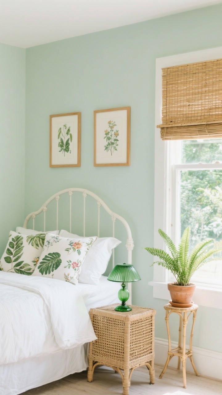 Medium shot, Botanical Bed & Breakfast: pale sage walls with a white bed featuring a curved headboard, crisp white bedding layered with leaf-print and floral pillows. A caned nightstand holds a green glass lamp; botanical prints in simple wood frames hang above. A potted fern on a small plant stand and a bamboo Roman shade at the window tie in the garden vibe; bright, cheerful daylight; no people.
