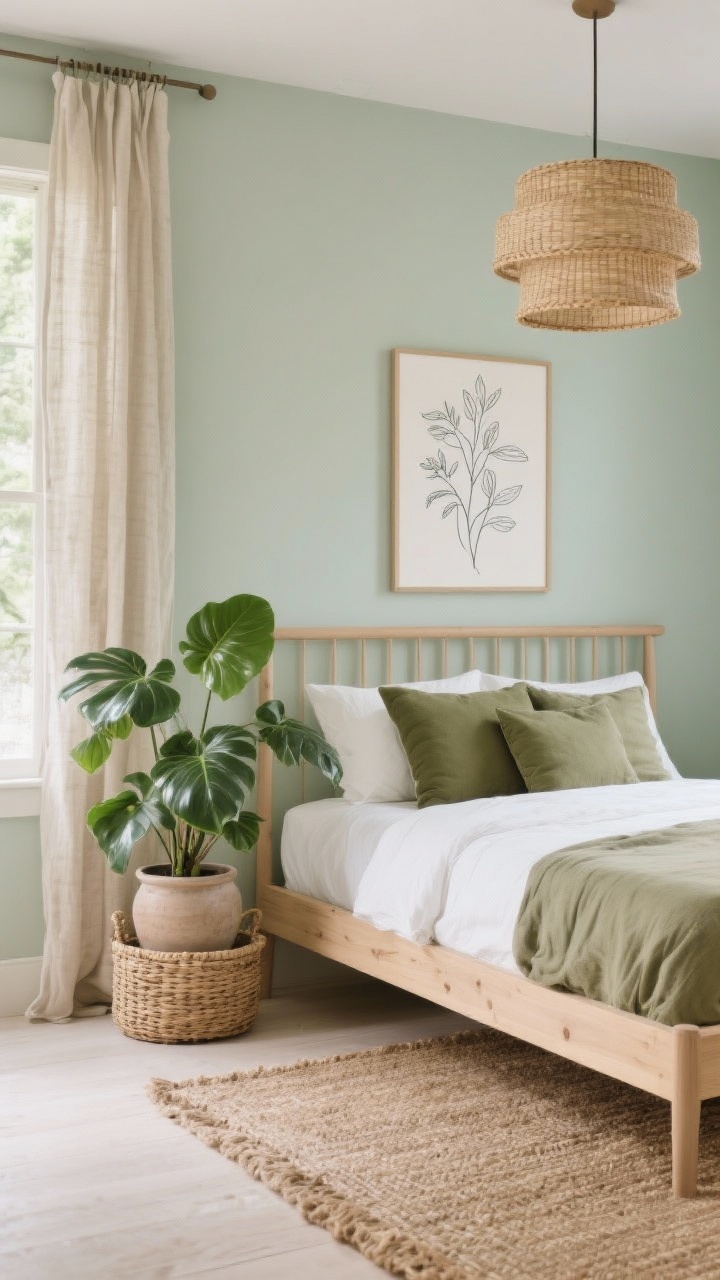 Medium shot, botanical corner: Soft sage-painted walls behind a pale oak bed; above the headboard hangs a minimalist botanical line drawing; natural flax linen curtains filter daylight; a jute rug layers with a seagrass basket beside the bed; olive-toned pillows on crisp bedding; a ceramic planter with a healthy rubber plant; woven drum pendant overhead diffuses gentle, warm light; palette of sage, flax, pale oak, and olive.