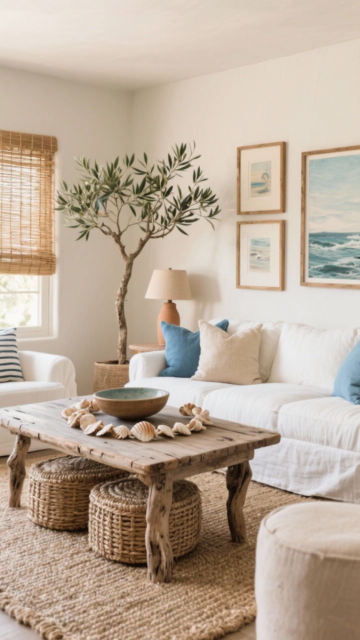 Medium shot, Coastal Clay Living Space: pale sand walls, slipcovered white sofa layered with oat and sky-blue pillows, weathered driftwood coffee table, woven storage ottomans, coastal art in wooden frames, rattan blinds filtering light, jute rug underfoot, clay lamps for warmth; olive tree or snake plant as sculptural greenery; detail of a shell garland draped over a bowl on the table.