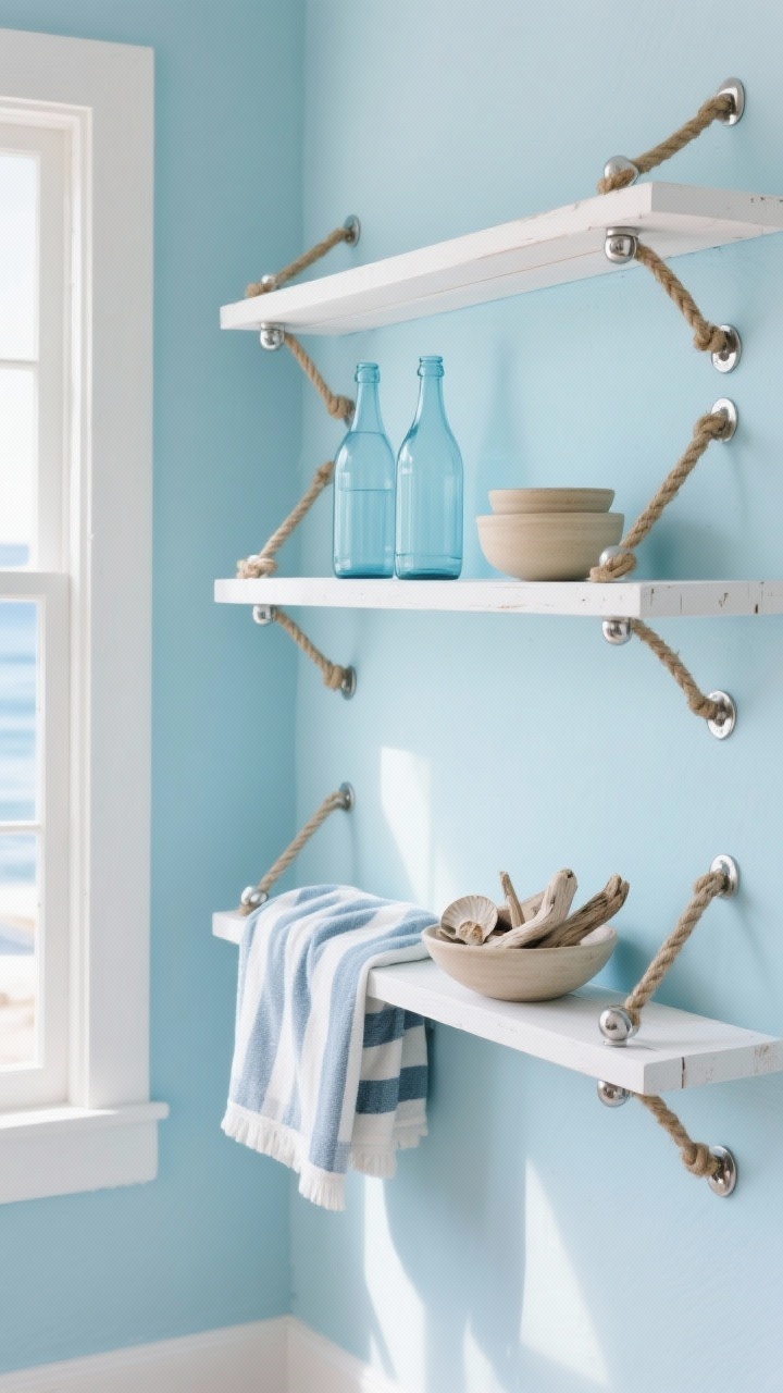Medium shot, coastal corner: White-painted wood shelves on soft sky-blue walls using rope-hung supports looped through brushed nickel anchors. Display pale blue glass bottles, sandy-toned bowls, a striped Turkish towel draped, and a shallow bowl of driftwood or shells. Bright coastal daylight with soft shadows, breezy, no people.