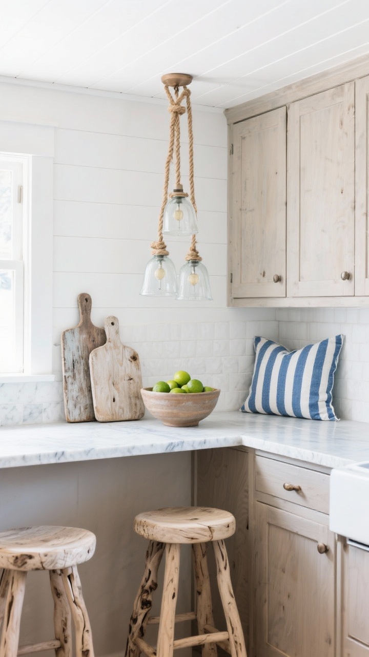 Medium shot: Coastal driftwood & linen kitchen corner with driftwood-toned cabinets, bleached oak stools, and a white shiplap ceiling reflecting light. Sea-salt quartz countertops pair with indigo accents—a hand-thrown bowl and a striped ticking cushion. Weathered cutting boards lean against the backsplash, a bowl of limes sits center, and a glass pendant trio tied with rope hangs above. Photorealistic, bright coastal daylight, side angle.