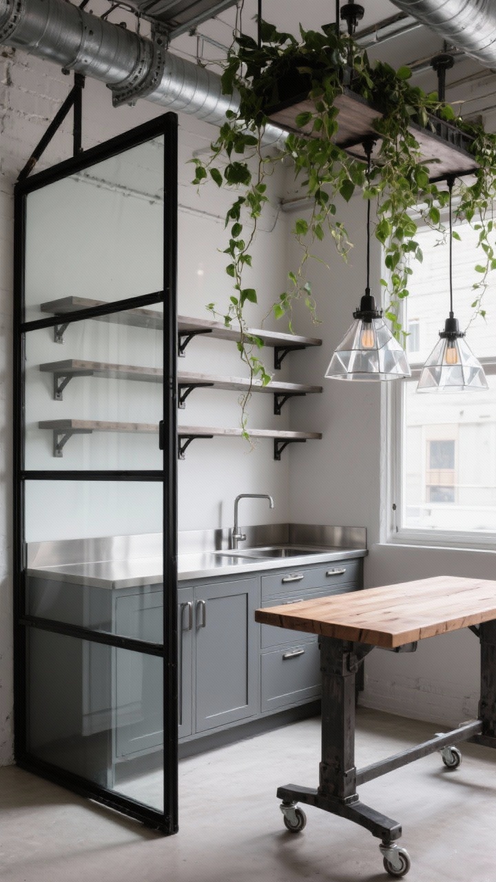 Medium shot, corner angle: Industrial glass box kitchen enclosed by a black steel-framed glass partition. Inside: matte gray cabinets, seamless stainless steel counter, exposed steel shelf brackets. Prismatic factory pendants overhead, rugged butcher-block prep table on casters, ivy plants draping from the top shelf to soften steel lines. Light-filled, hardworking.