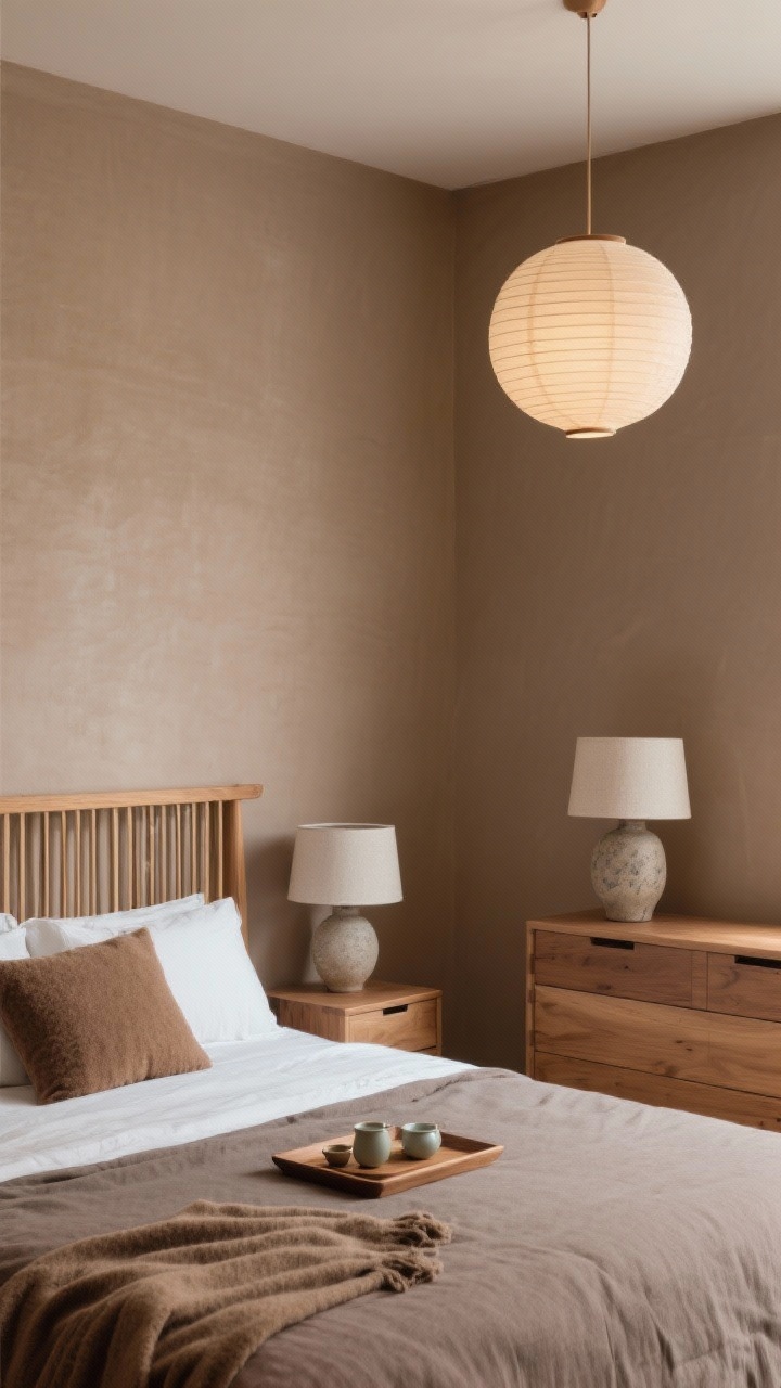 Medium shot corner view of a Japandi bedroom: slatted oak headboard against mushroom-toned walls, stoneware lamps on low nightstands, paper lantern pendant overhead. Tonal bedding with a taupe linen duvet, off-white sheets, cocoa throw, and wool accent pillow. Low, wide dresser with refined lines, materials emphasized: oak, stoneware, linen, paper, wool. Wooden tray with a tea set on the bed. Warm, soft ambient light.