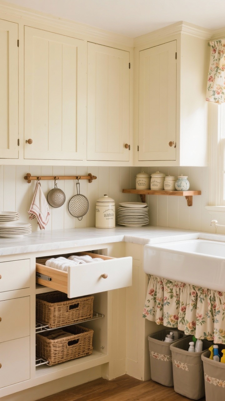 Medium shot, Cottage Core: buttery cream cabinets with beadboard backs; oak peg rails holding colanders, tea towels, and a small sieve; vintage-style canisters and a plate shelf with shallow lip securing stacked plates; inside view of slide-out baskets and spice risers; a drawer for linens slightly open; floral curtain concealing under-sink bins for cleaning supplies; soft, sunlit warmth, photorealistic.