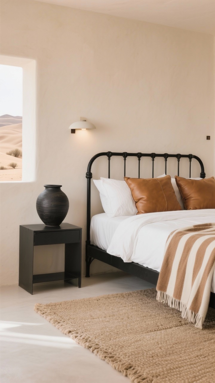 Medium shot, desert-Scandi contrast: Sand-colored walls frame a black iron bed with crisp white bedding; camel leather pillows add warmth, a textured beige rug grounds the scene; a black clay vase on a streamlined nightstand; a tan-and-cream striped throw introduces quiet pattern; lighting warm and simple, emphasizing clean, grounded lines and the sand, camel, white, black palette.