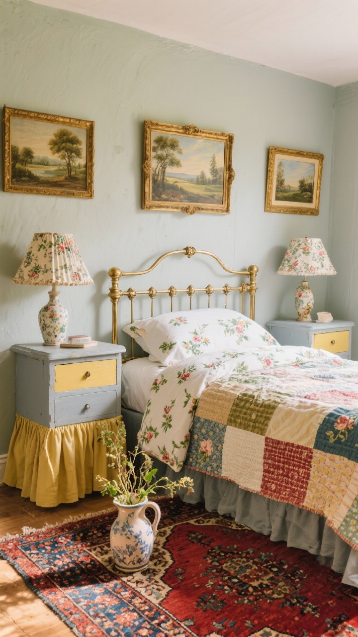 Medium shot: English country cottage bedroom featuring a brass bed with sprigged floral sheets and a patchwork quilt folded at the foot; mismatched painted furniture in duck egg, butter yellow, and soft gray including a skirted bedside table; pleated chintz lamp shades; vintage landscape paintings in gilt frames; Persian-style rug whispering reds and blues; ceramic pitcher used as a vase with garden stems; warm afternoon light, collected charm.