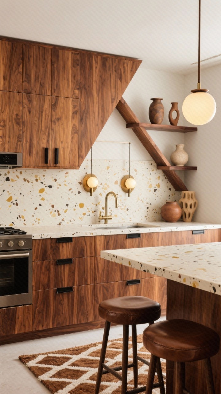 Medium shot, eye-level: Mid-century modern kitchen with warm walnut veneer fronts, slim black hardware, and a cream terrazzo counter flecked with brown and gold. Globe sconce duo over the sink casting warm light. An asymmetrical open walnut shelf displaying sculptural ceramics. Low-profile leather stools and a vintage-inspired geometric rug grounding the scene. Rich, polished, timeless.