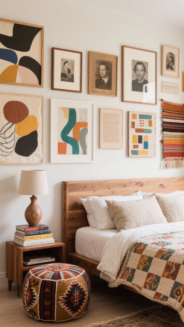 Medium shot focused on wall, Art-Forward Boho Gallery Room: clean-lined wood bed with neutral bedding and a patterned quilt; expansive asymmetrical gallery wall mixing abstract prints, vintage portraits, and textile art in mismatched frames; sculptural ceramic lamp on nightstand; stackable books and a kilim pouf nearby; palette ivory, walnut with pops of color from art; textures canvas, wool, ceramic; soft indirect lighting, photorealistic.