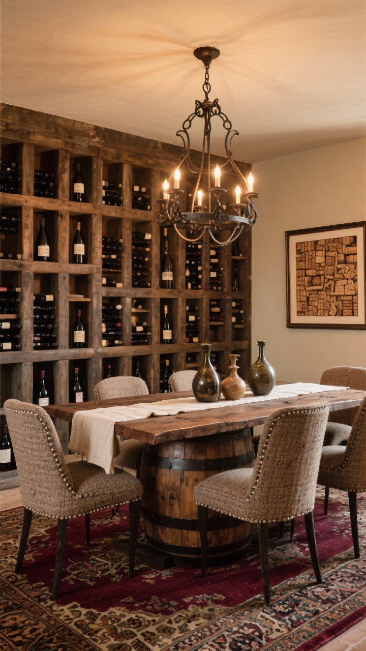 Medium shot focused on wine cellar rustic elements: reclaimed barrel-base dining table with upholstered tweed chairs, wall of built-in bottle cubbies filled with wine, wrought-iron ring chandelier overhead, Persian-style rug with burgundy tones grounding the scene, framed cork collection art, vintage decanters and linen runners on the table; palette merlot, walnut, iron, cream; warm, intimate lighting.