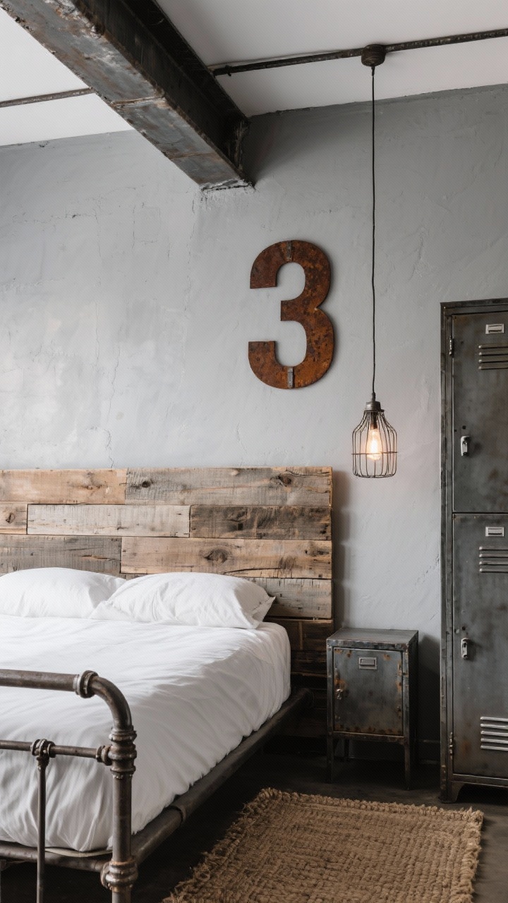 Medium shot focusing on an industrial lumber bed wall: reclaimed wood headboard made of rough-sawn boards paired with a steel pipe bedframe, chalky gray walls, a ceiling beam (faux or real) overhead, industrial cage pendant with exposed bulb hanging to one side, metal locker-style cabinet as storage, jute rug underfoot; minimal art — a single oversized rusted metal number on the wall; gritty, textured, cool lighting.