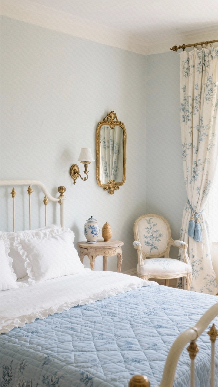 Medium shot: French cottage elegance with soft dove walls; cabriole-legged bed dressed in a blue toile duvet, ruffled Euro shams, and a quilted white coverlet; bronze swing-arm sconces; Louis-style linen chair; gilded mirror reflecting delicate drapery panels with tie-backs; ceramic ginger jars on a petite table; palette of dove, white, pale blue, gold; softly luminous, refined countryside feel.