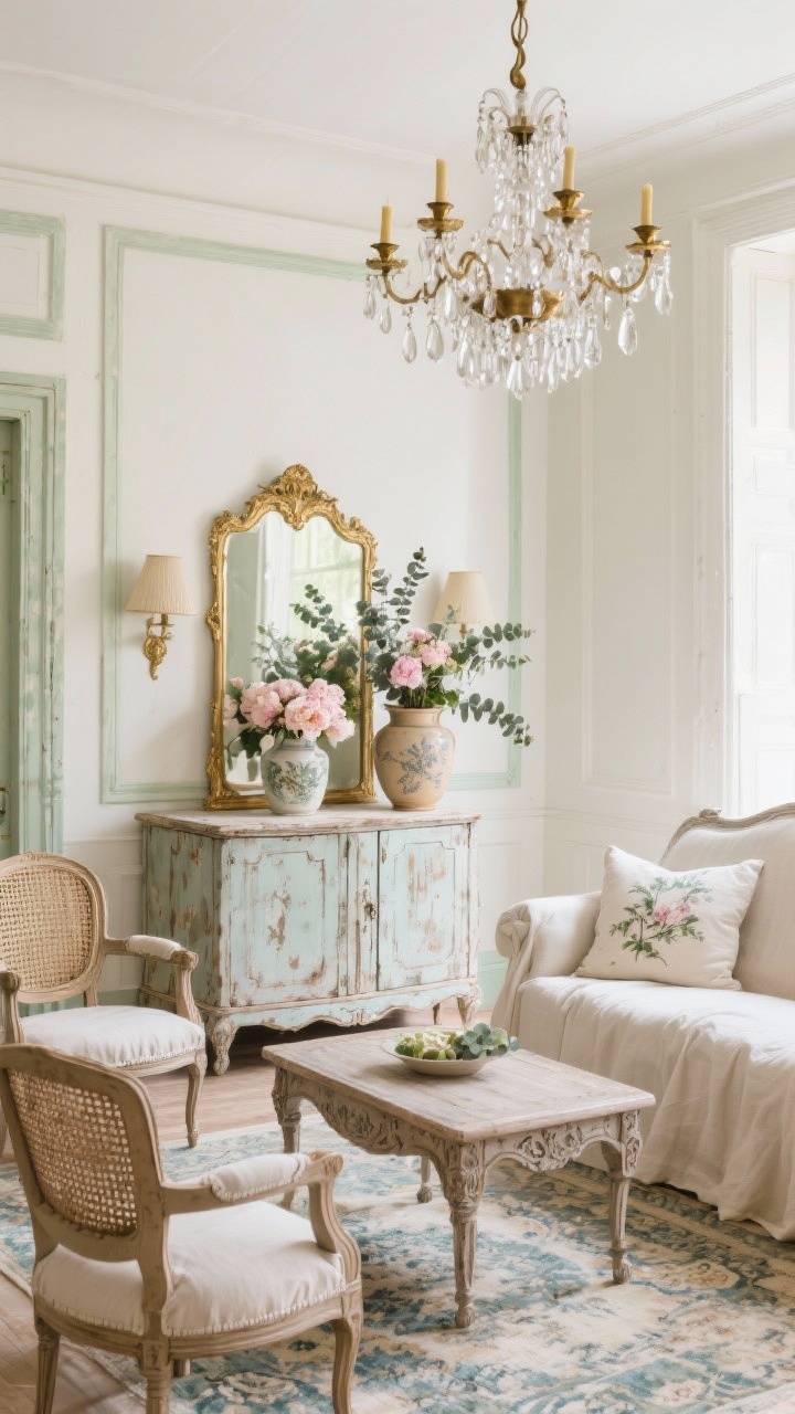 Medium shot, French Country Rustic seating area: cream walls with pale sage accents; Louis-style bergère chair beside a weathered cabinet; carved coffee table and cane-backed chairs; linen slipcovers and toile pillows on a faded oriental rug; crystal-accent chandelier above with brass candlestick lamps on the cabinet; gilded mirror and ceramic jugs filled with peonies and eucalyptus; soft, romantic daylight, photorealistic.