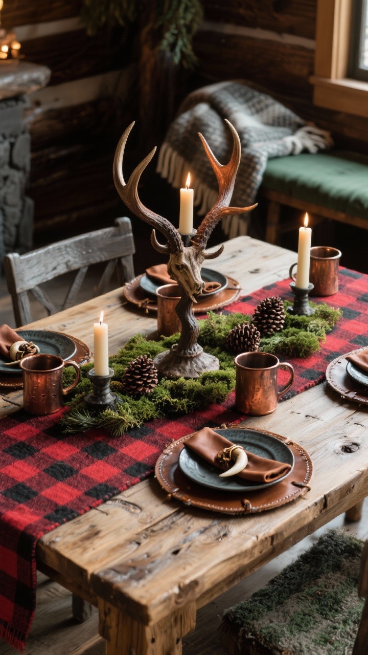Medium shot from a corner angle: A sturdy pine table with a bold red-and-black buffalo check runner. A faux antler candelabra is the dramatic centerpiece, flanked by moss, pinecones, and pillar candles. Ironstone plates sit over leather chargers with horn-style napkin rings; hammered copper mugs catch the light. Textures of leather, wool, and rough-sawn wood are visible; a wool blanket is casually draped over a bench in the background. Color palette: charcoal, pine green, cinnamon red, copper. Warm, lodge-like lighting.