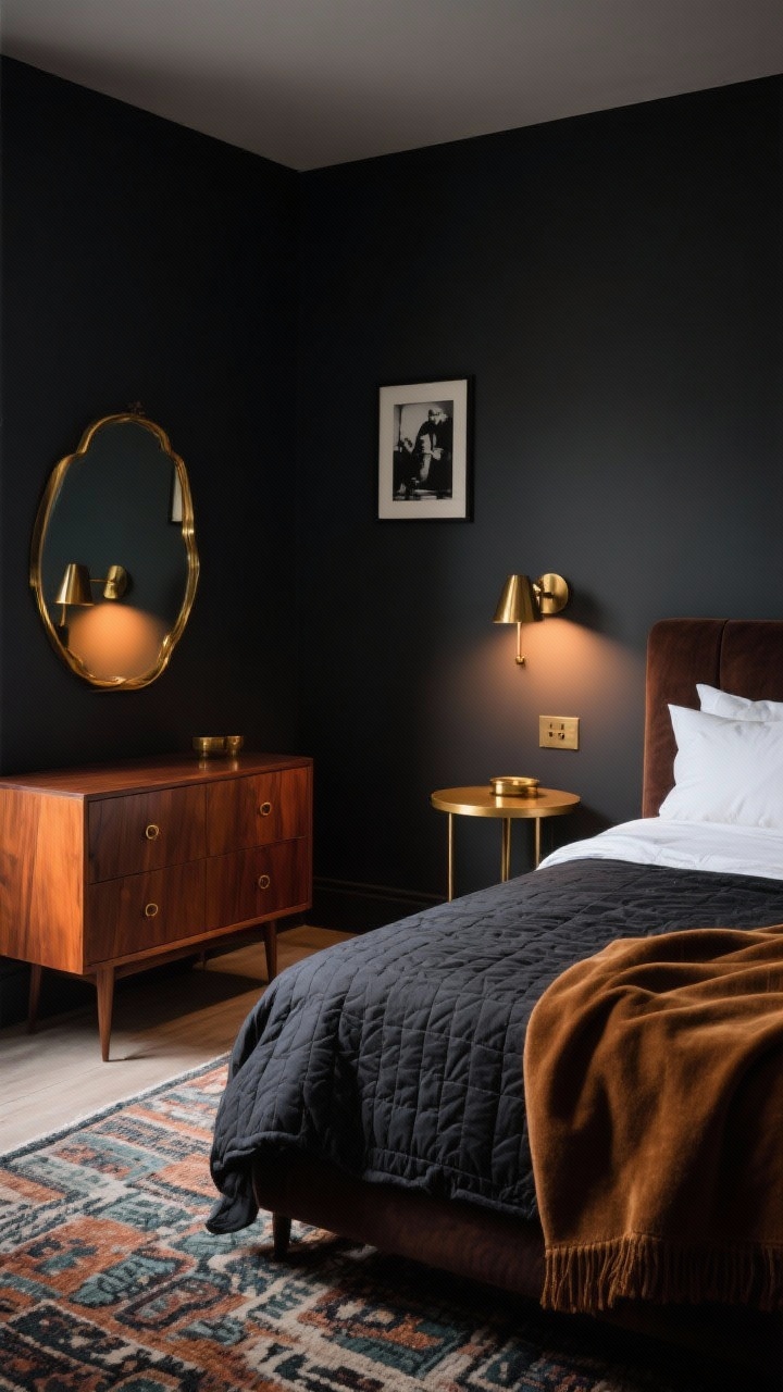 Medium shot from a corner angle of a moody bedroom with charcoal walls and a deep walnut bed. Sateen sheets and a crisp white pillow mix under a charcoal quilt, topped with a toffee velvet throw. Rounded brass side tables with brushed brass hardware, mid-century dresser in walnut, amber-toned warm lighting from brass sconces, patterned wool rug, and black-and-white photography on the wall. Include a brass-framed mirror reflecting the warm light. Photorealistic, dramatic low-key lighting.