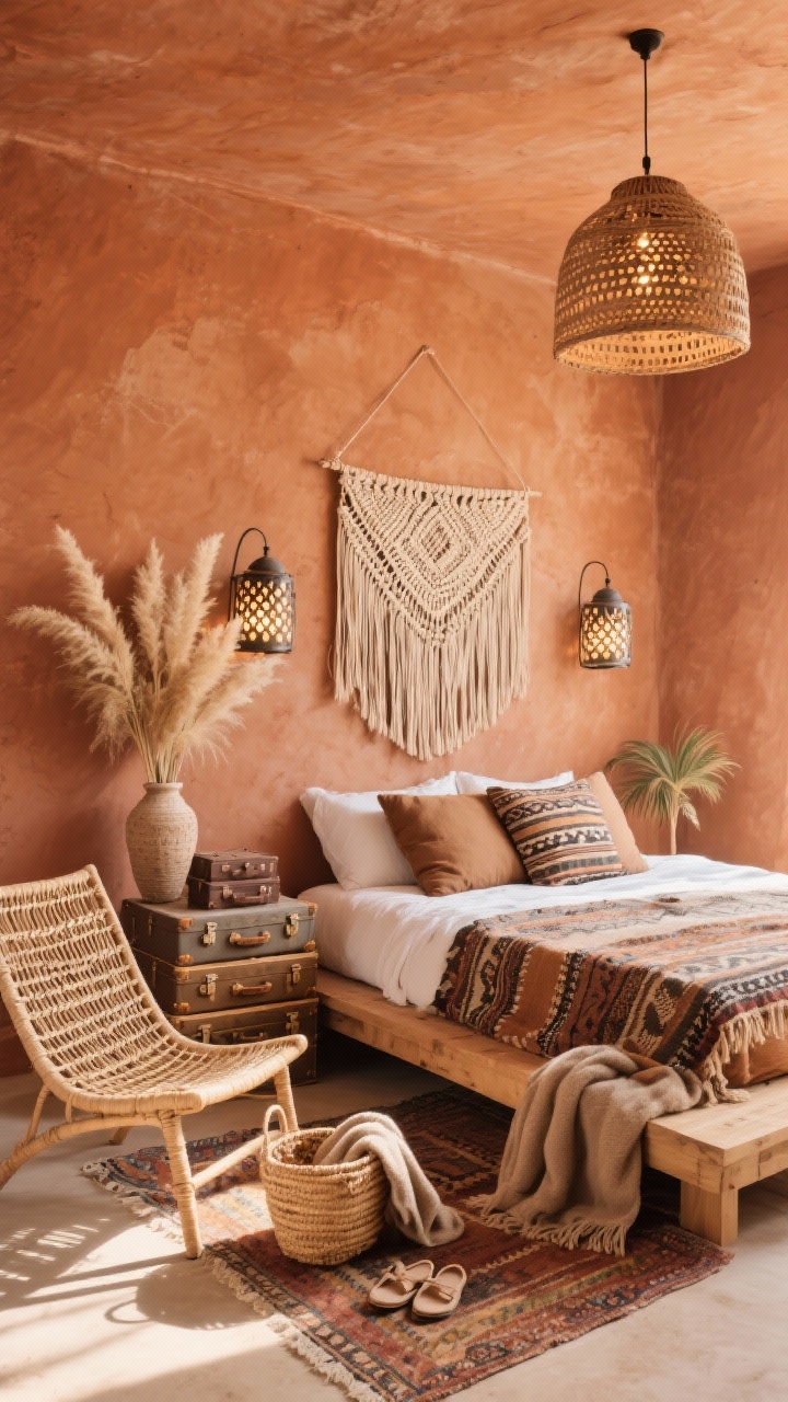 Medium shot from a low angle of a desert boho room: terracotta walls with a clay-wash effect, wood platform bed, boho textiles including mudcloth pillows, a Moroccan rug, and a woven wall hanging above the bed. Rattan lounge chair, stacked suitcases used as a side table, dried palms or pampas grass in a floor vase. Rattan pendant overhead and perforated metal lanterns casting patterned light. Basket with slippers and a cozy throw nearby. Warm, sunlit tones.