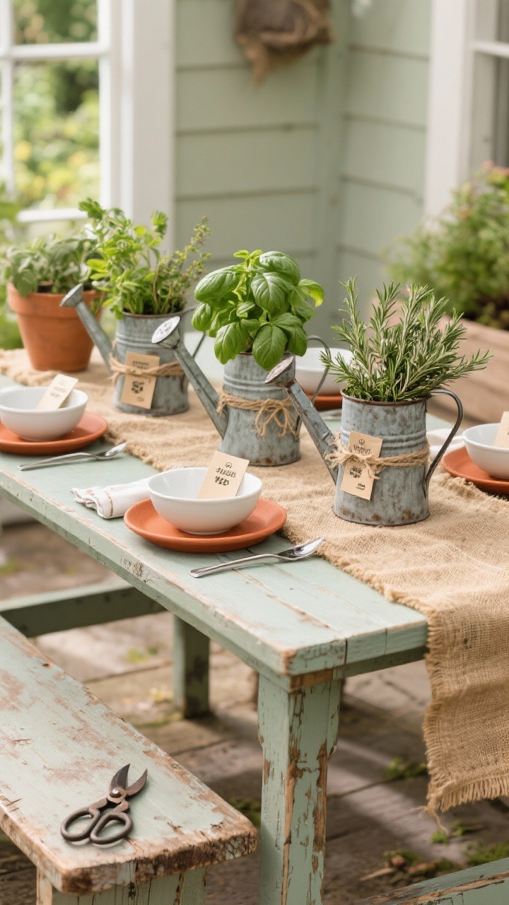 Medium shot from side angle: A rustic potting bench repurposed as a table, draped with a grain sack runner. Terracotta saucers used as chargers beneath white bowls. Centered are three vintage watering cans stuffed with fresh herbs—basil, thyme, rosemary. Seed packet place cards at each setting, twine-wrapped napkins, and pruning shears as quirky decor. Palette: sage, cream, terracotta, burlap. Natural daylight with a garden feel.