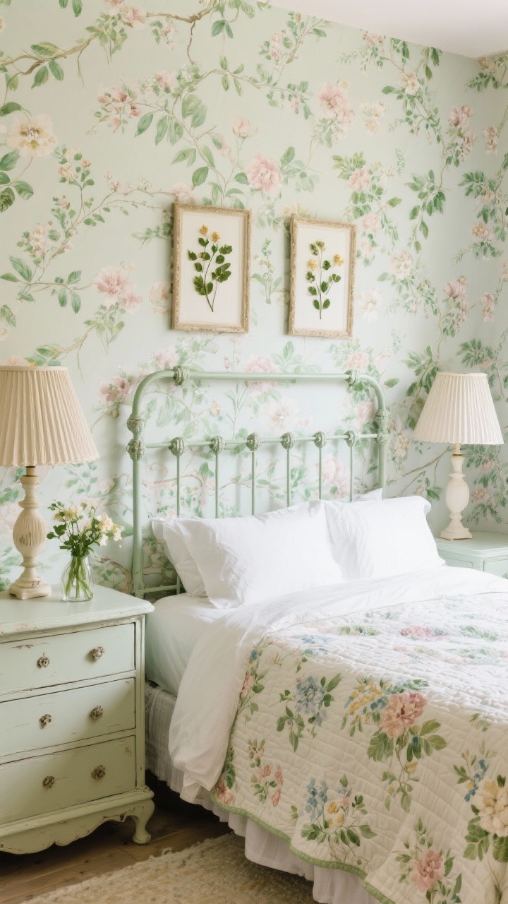 Medium shot from the foot of the bed: Garden-inspired cottage bedroom wrapped in soft botanical wallpaper of delicate vines and watercolor florals; sage-painted iron bed with crisp white percale sheets and a quilted floral coverlet; painted antique dresser in soft cream with a fresh bud vase; pleated fabric lampshades on bedside lamps; pressed flower frames above the bed; palette of sage, cream, blush, and leaf green; soft morning light for a serene, garden-wake-up mood.