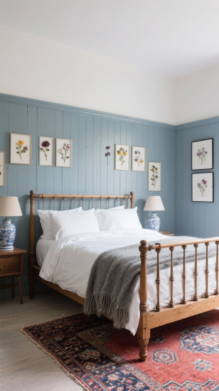 Medium shot, heritage detail: Half-height wall paneling painted muted blue-gray with crisp white above; a warm oak spindle bed made up with white bedding and a gray wool blanket; vintage-inspired rug in soft reds and blues peeks from under the bed; porcelain bedside lamps with subtle sheen; framed pressed flowers arranged neatly; satin paint finish catches gentle natural light.