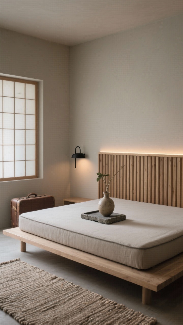 Medium shot, Japandi Zen Box: matte greige walls with a low futon-style bed and a wall-to-wall slatted wood headboard that visually elongates the room. Minimal styling: a stone tray on the bed platform and a single stem in a handmade ceramic vase. A flatweave rug anchors the floor; a paper shoji-style screen partially hides a suitcase. A blackened steel sconce and warm, dimmable LED strip lighting behind the headboard bathe the scene; serene, minimal mood; no people.