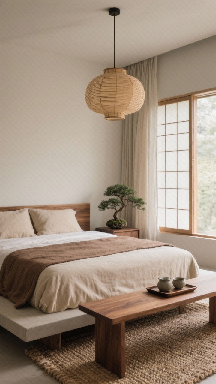 Medium shot, Japandi Zen Retreat: A low platform bed with a sand-colored linen duvet and walnut wood tones; shoji-inspired curtains diffuse natural light; a woven paper pendant overhead; a stoneware tea set on a minimalist tray atop a simple walnut bench; textured jute rug underfoot; a single bonsai on the nightstand; quiet, balanced composition from a corner angle.