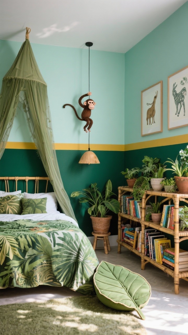 Medium shot: Jungle adventure theme with a two-tone wall—deep emerald on bottom, pale mint on top—divided by a thin mustard stripe. Canopy bed draped with a gauzy olive canopy, botanical bedding, bamboo bookshelf filled with adventure books. Potted plants (real and faux), a whimsical monkey-hanging light, and framed animal sketches. Leaf-shaped floor cushion reading spot. Palette: emerald, olive, mint, mustard. Soft, dappled natural light.