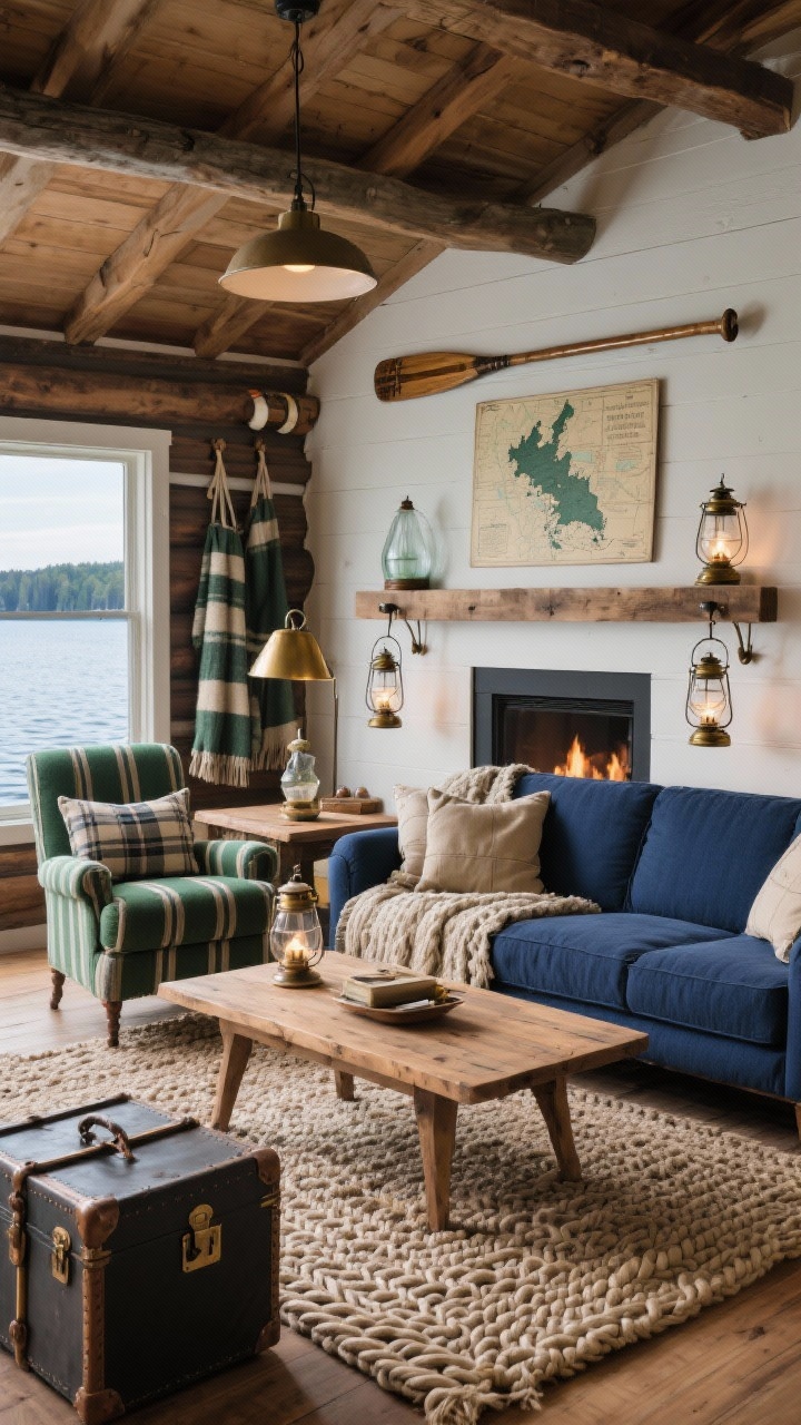 Medium shot, Lakeside Rustic seating area: palette of navy, forest green, and oatmeal with subtle stripes; deep blue sofa centered with solid oak coffee table; plaid armchairs and a steamer trunk; shaker peg rail on the wall; wool camp blankets, braided rug, canvas cushions; lantern-style pendants and aged brass reading lamps; oar over the mantel, vintage lake maps, glass buoy floats; cozy cabin-by-the-water vibe, photorealistic.