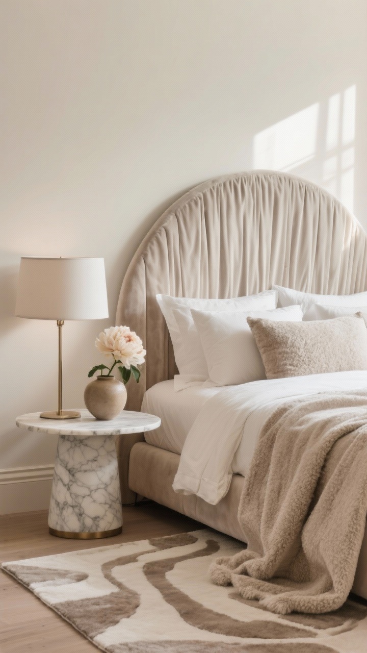 Medium shot, Light Luxury With Tone-on-Tone Layers: Layers of creams, warm grays, and pale taupes in linen, bouclé, and silk-touch velvet; a soft-curved headboard; pleated fabric lampshades atop slender bases; marble-topped side table with a single oversized floral stem in a ceramic vase; tonal abstract rug underfoot; soft, diffused daylight for quiet glamour.