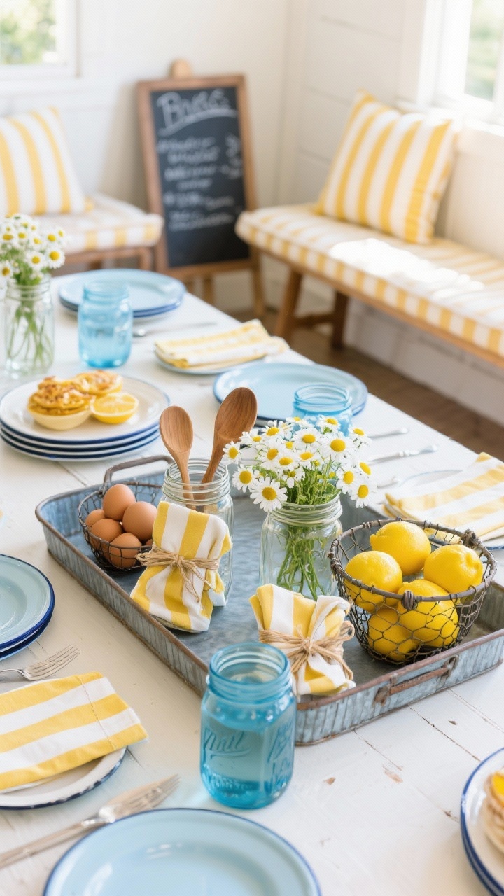 Medium shot, lively brunch setup: A galvanized tray centered on the table, packed with mason jars of daisies, wooden spoons, and tied napkin bundles. Wire egg baskets filled with bright lemons add pop. Enamelware plates, striped farmhouse napkins, and blue glass mason jars for drinks. A small chalkboard menu leans against a jar. Color palette: denim blue, butter yellow, white, tin. Informal benches with ticking-stripe cushions; bright morning light.