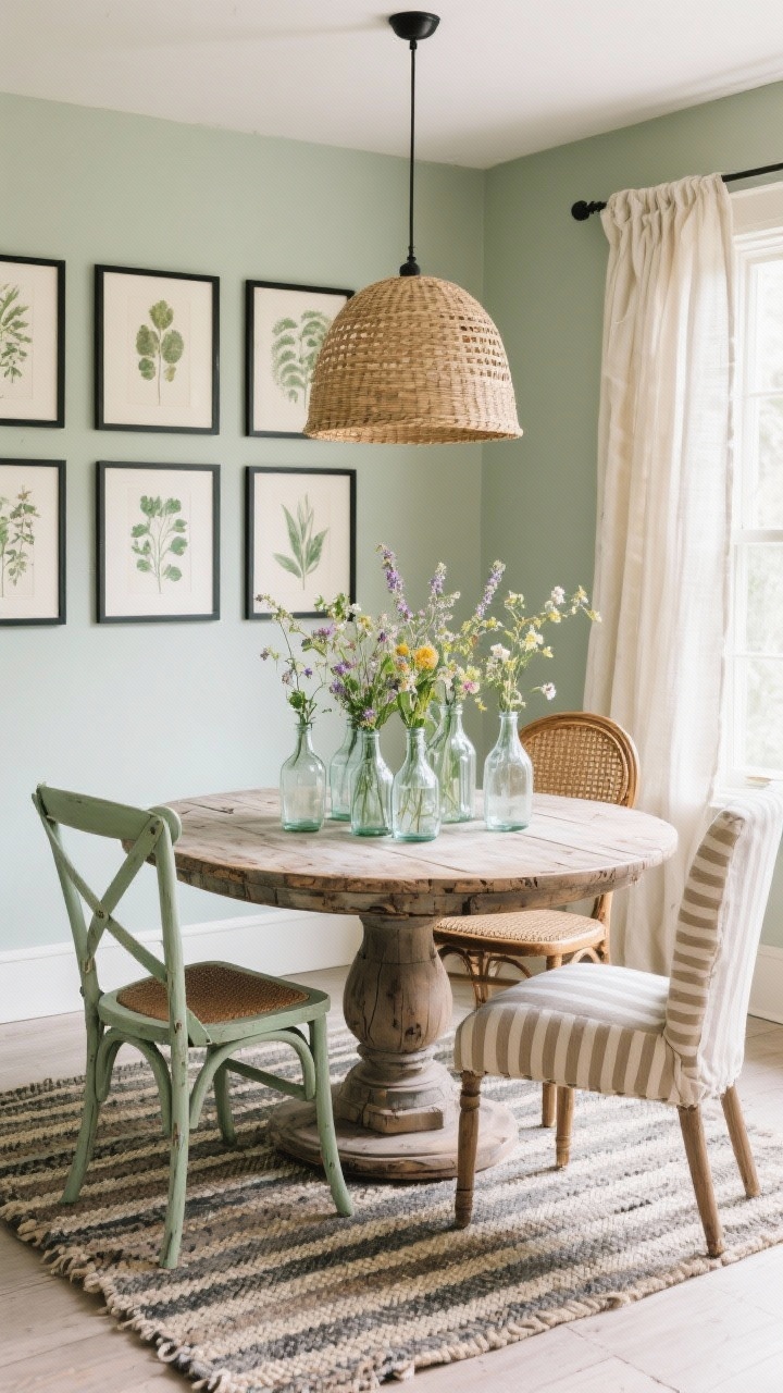 Medium shot, Market Day Dining Nook: round distressed-oak pedestal table with mixed vintage chairs (one painted sage, one cane-backed, one linen-upholstered), striped flatweave rug beneath, cluster of glass bottle vases with wildflowers as centerpiece, woven dome pendant overhead, gallery wall of botanical prints; palette of sage, cream, oat, soft black accents; soft daylight through linen café curtains.