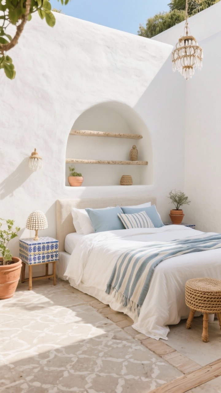 Medium shot, Mediterranean Courtyard Bedroom: warm white limewashed walls, curved plaster niche in place of headboard with built-in shelves, stonewashed ivory linen duvet with striped throws in dusty blue, terra-cotta pots, woven stools, tiled bedside table, beaded chandelier; pale wood or patterned cement tile flooring; breezy, sunlit vacation feel.