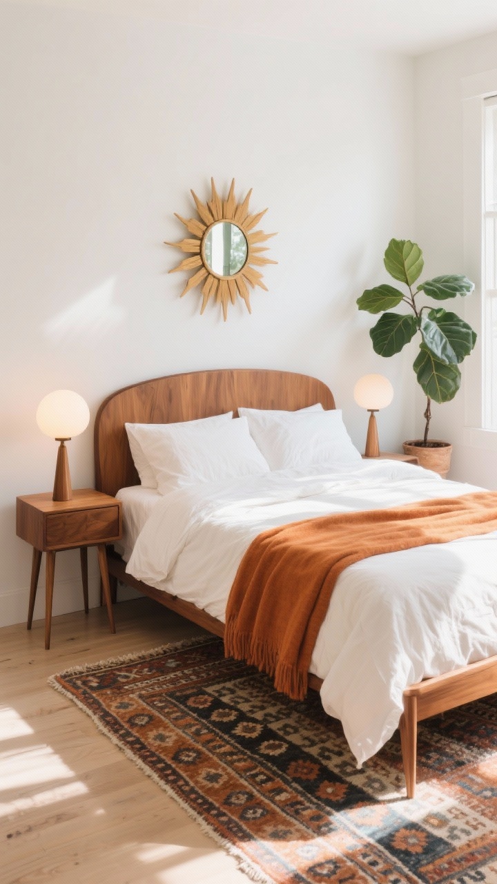 Medium shot, Mid-Century Cool, Light and Airy: Warm walnut mid-century bed with a gentle curved headboard; globe lamps casting soft glow on tapered-leg nightstands; airy off-white linen bedding with an amber throw; sunburst mirror centered above the bed; patterned kilim rug and a potted fiddle-leaf fig in the corner; bright, breezy morning light.