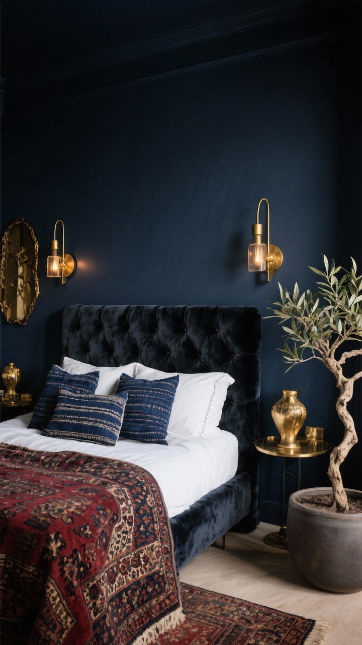 Medium shot, Midnight Boho Luxe: deep navy walls behind an upholstered velvet charcoal headboard, crisp white sheets with indigo mudcloth pillows; vintage Persian rug in garnet and ink partially visible; black-and-brass wall sconces glowing; brass-trimmed decor accents; a sculptural olive tree in a matte pot in the corner; palette navy, charcoal, ivory, brass; textures velvet, mudcloth, aged brass; moody low lighting, photorealistic.