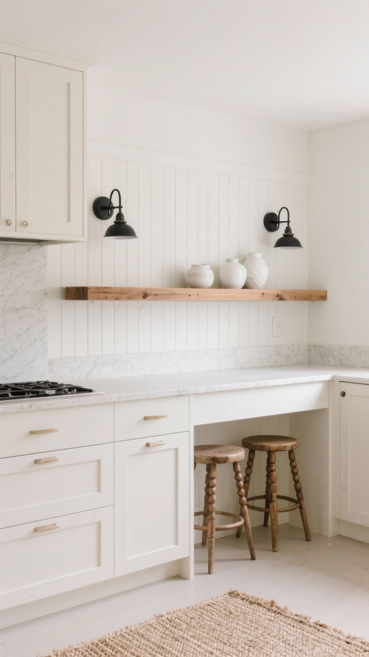 Medium shot: Minimal rustic Scandinavian kitchen with flat-panel white oak cabinets, a pale quartz worktop, and white-beige tones. Beaded board walls add texture, with a single long oiled wood shelf holding chalky white pottery. Blackened steel sconces and spindle-back stools sit on pale floors, with a bleached jute rug beneath. Photorealistic, soft daylight, straight-on.
