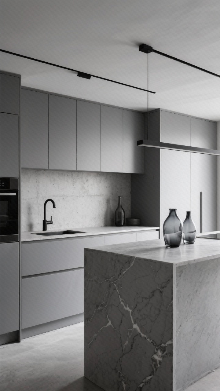 Medium shot, minimalist monochrome: A tone-on-tone gray kitchen with cement plaster walls, gray lacquer cabinets, and a microcement island, all within a soft mid-gray palette; shadow reveals instead of trim, near-invisible finger-pull doors; recessed black slot lighting and a minimal track rail defining zones; smoked glass vases, a matte black faucet, and gray-veined quartz; serene, sculptural industrial mood, photorealistic.
