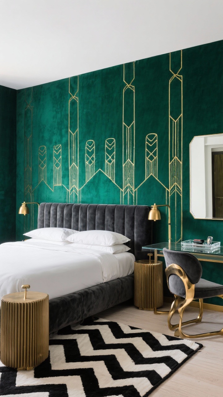 Medium shot: Modern Art Deco remix with a deep emerald accent wall behind the bed, overlaid with a geometric gold decal pattern as a backdrop. Low charcoal velvet upholstered bed, brass lighting on either side, ribbed nightstand, and a sculptural desk chair. Black-and-white chevron rug anchoring the scene. Jewel tones with charcoal and brass highlights. Minimalist mirror and a clear lucite tray holding gadgets.